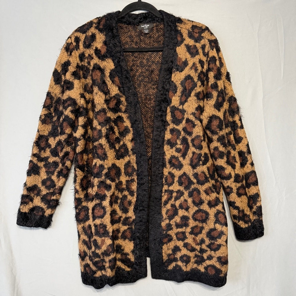 Lord & Taylor Womens Eyelash Knit Leopard Print Cardigan 1X Open Front Fuzzy